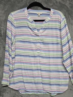 Talbots Linen Pastel Striped Cotton Henley Tunic - Blue, Green, Pink Sz XLP